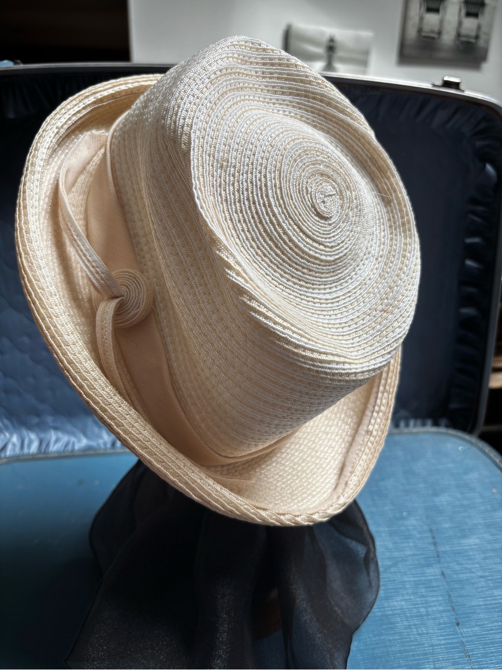 VTG Sandra NYC Cream Straw Fedora with Ribbon Trim
